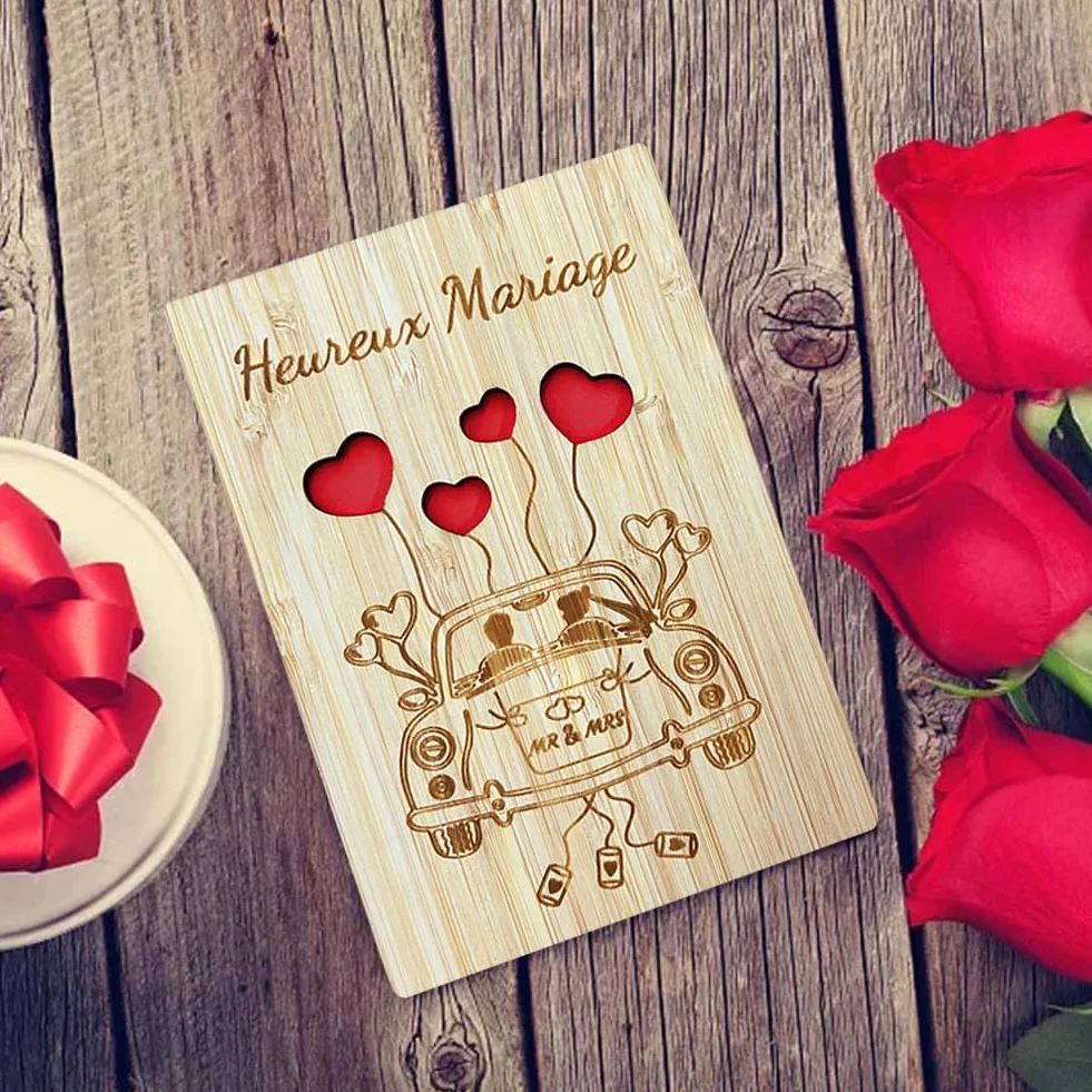 Carte de Vœux Mariage en Bois Originale avec Enveloppe, Carte Félicitation Mariage
