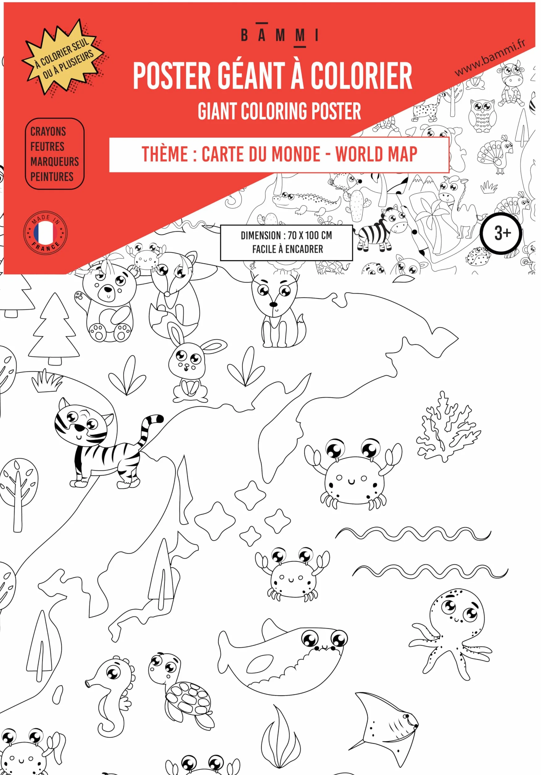 BAMMI Poster Géant à colorier Le Monde des Animaux 100 cm x 70 cm Carte du monde Papier Qualité Supérieure Made in France