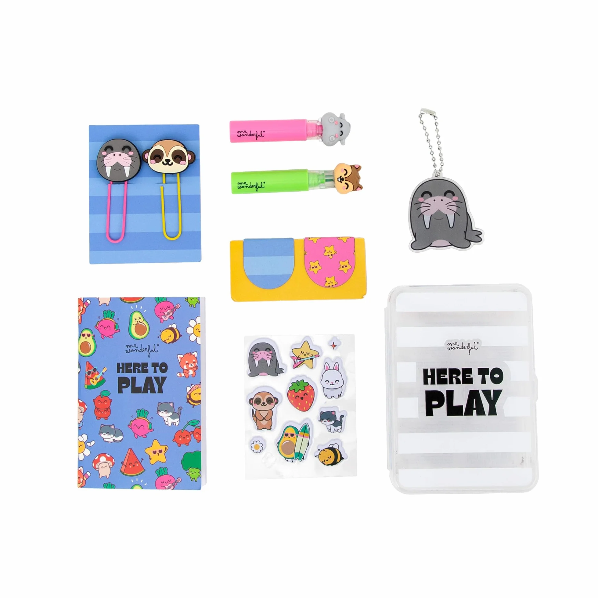 Mr. Wonderful Kit Papeterie Créative Here to Play – Set Autocollants Surligneurs Marque-Pages Mini Carnet