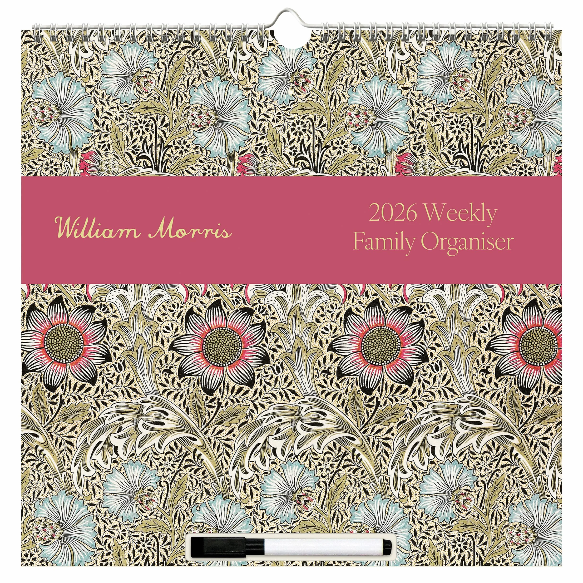 William Morris Calendrier mural organisateur familial 2026 Planificateur mensuel 5 colonnes avec stylo effaçable listes courses tâches détachables