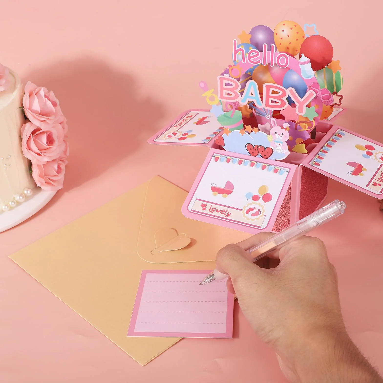 Penitue Carte de Félicitations Pop-Up Baby Shower Fille avec Enveloppe Rose