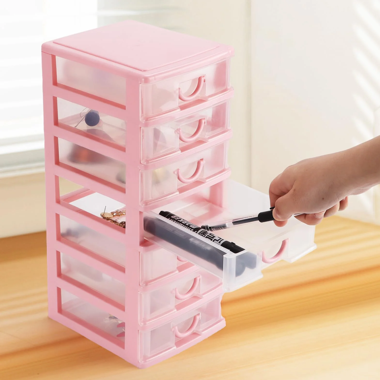 Mini organiseur en plastique 7 tiroirs transparents rangement bureau 18 x 13 x 33,5 cm rose