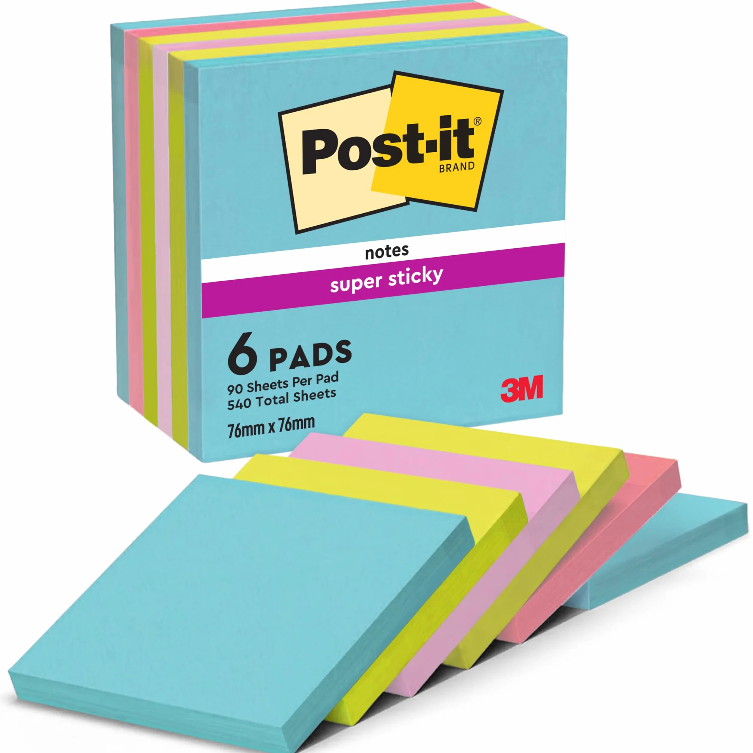 Post-it Notes Autocollantes Super Sticky Cosmic 6 Blocs 76 mm x 76 mm 90 Feuilles par Bloc