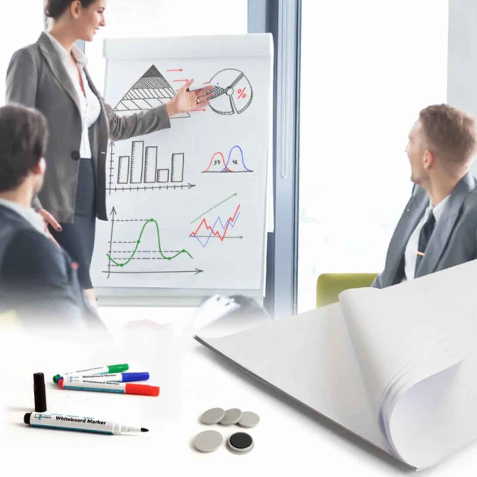 KARAT Ensemble d'accessoires pour chevalet de présentation - 20 Feuilles de Papier Vierge Fin Blanc 98 x 68 cm, 80 g/m², 4 marqueurs, 5 aimants