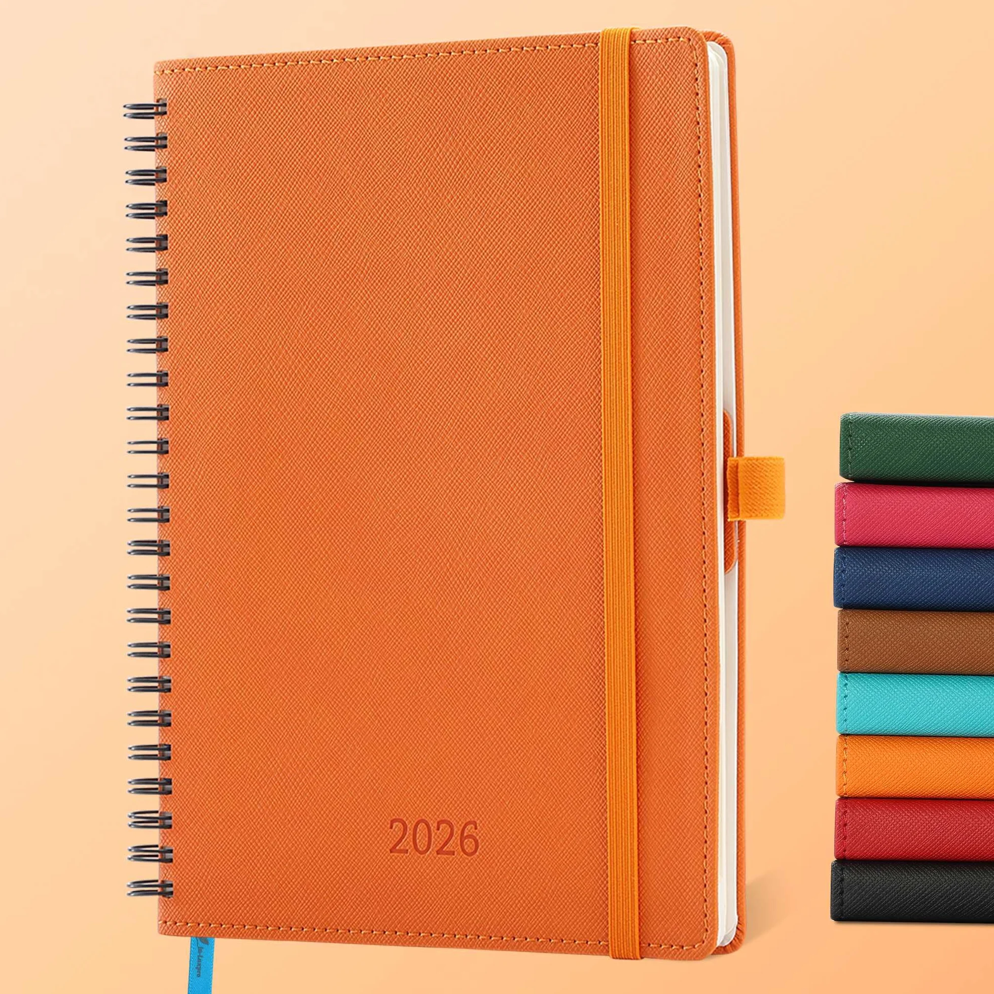 Agenda Semainier 2026 A5 21,9x16,4 cm Spirale Planificateur Hebdomadaire 12 Mois Papier 100GSM Couverture PU Cuir Orange