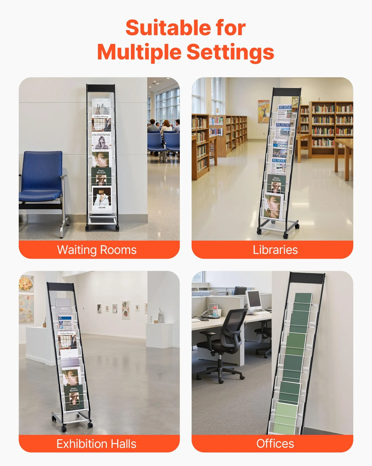 VEVOR Présentoir à brochures 6 niveaux, porte-brochures sur pied avec roulettes, porte-revue en métal mobile pour expositions