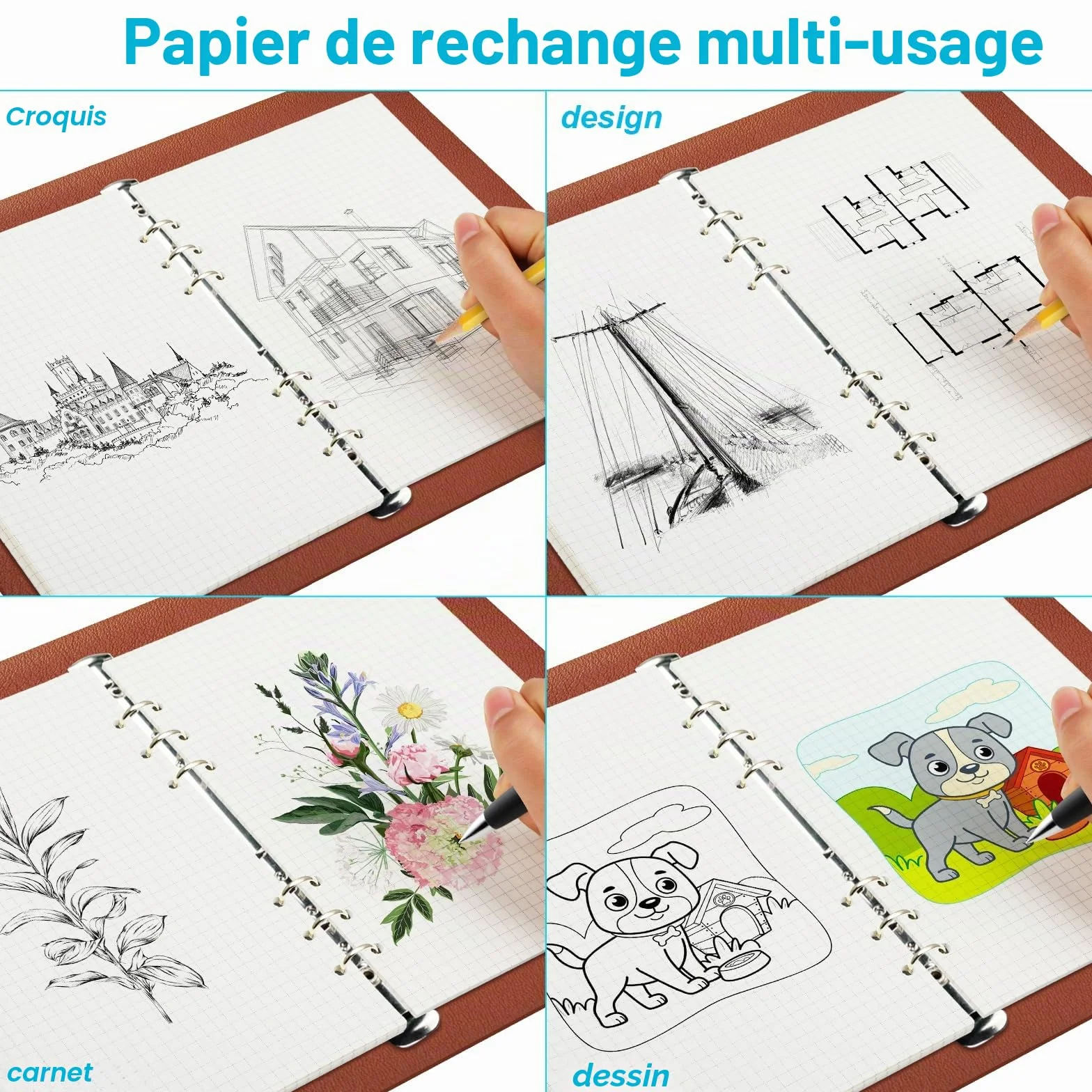Feuilles A5 Grands Carreaux 180 Feuilles Papier A5 Copies Doubles Perforées Recharges pour Agendas