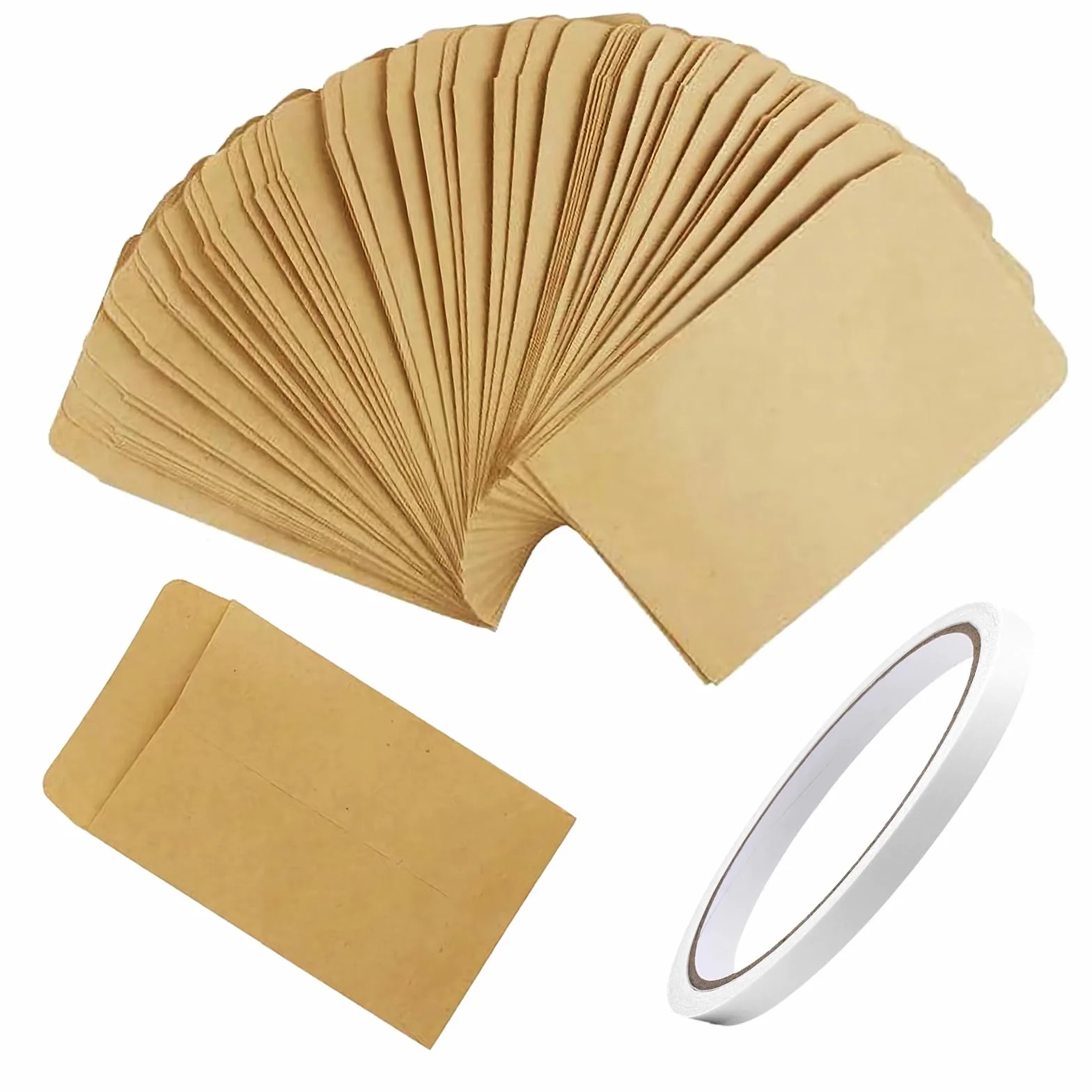 Mini Enveloppe Kraft 100 Pièces avec Ruban Adhésif Double Face 9x16cm pour Cadeau Mariage