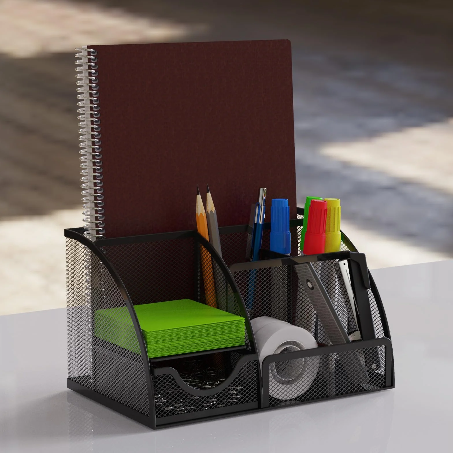 Detectalia Organisateur de Bureau Porte-crayons Tiroir Maille Métallique 6 Compartiments Noir