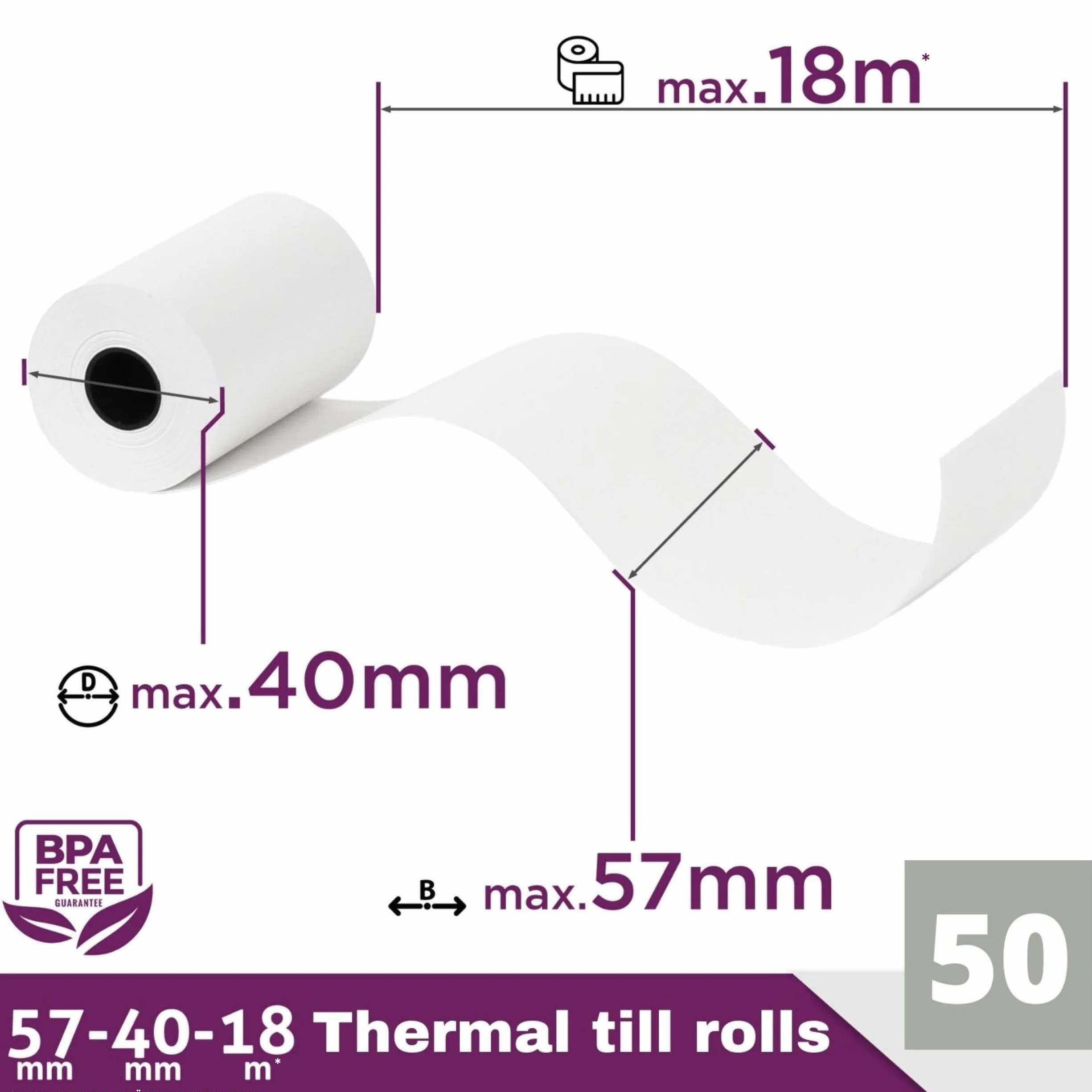 Rouleau TPE Carte Bancaire 57x40x12 - Bobine Papier Thermique 57mm x 18m x 12mm - sans BPA - 50x