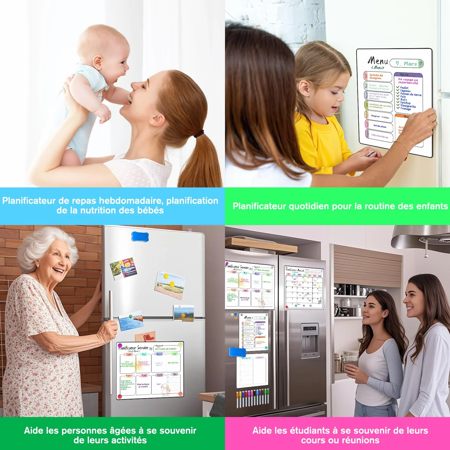 Calendrier Magnetique Frigo 4 Pièces Planificateurs Mensuels Magnétiques Effaçables Tableau Menu Semaine Liste de Courses