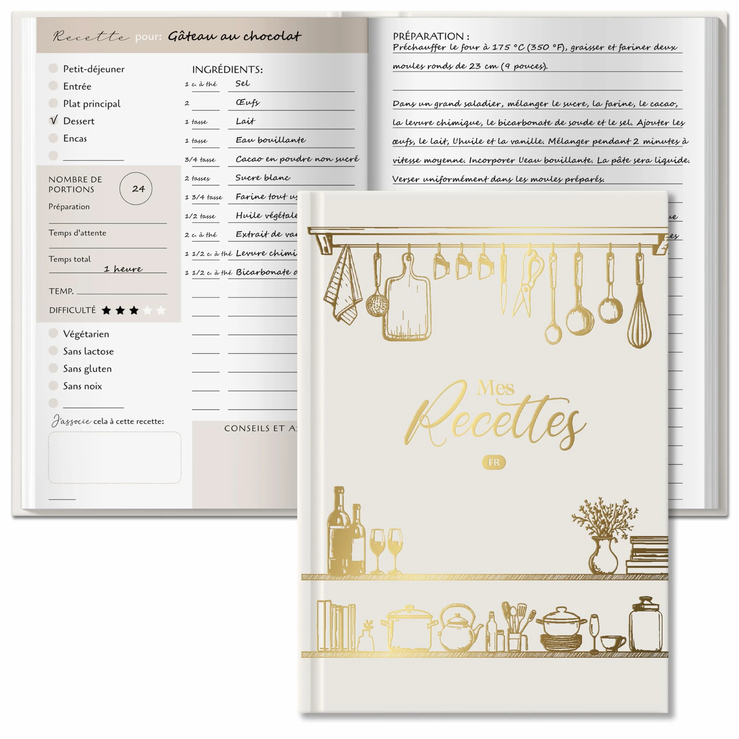 Carnet de recette à remplir A5, cahier de recettes vierge 100 recettes, livre de recettes cuisine