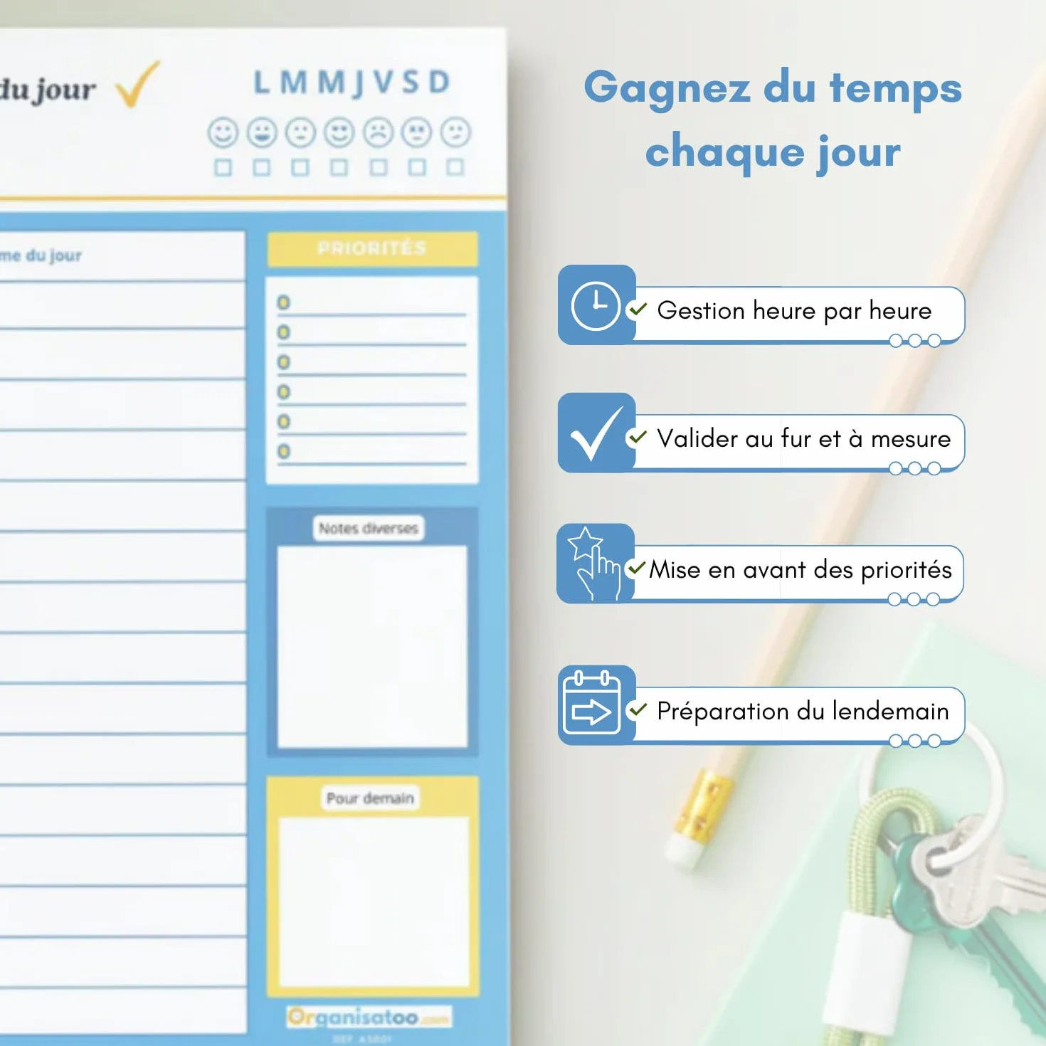 Bloc planning du jour français 50 pages - Planificateur journalier A5 papier activités tâches