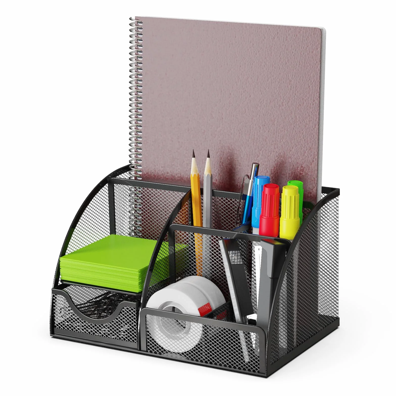 Detectalia Organisateur de Bureau Porte-crayons Tiroir Maille Métallique 6 Compartiments Noir