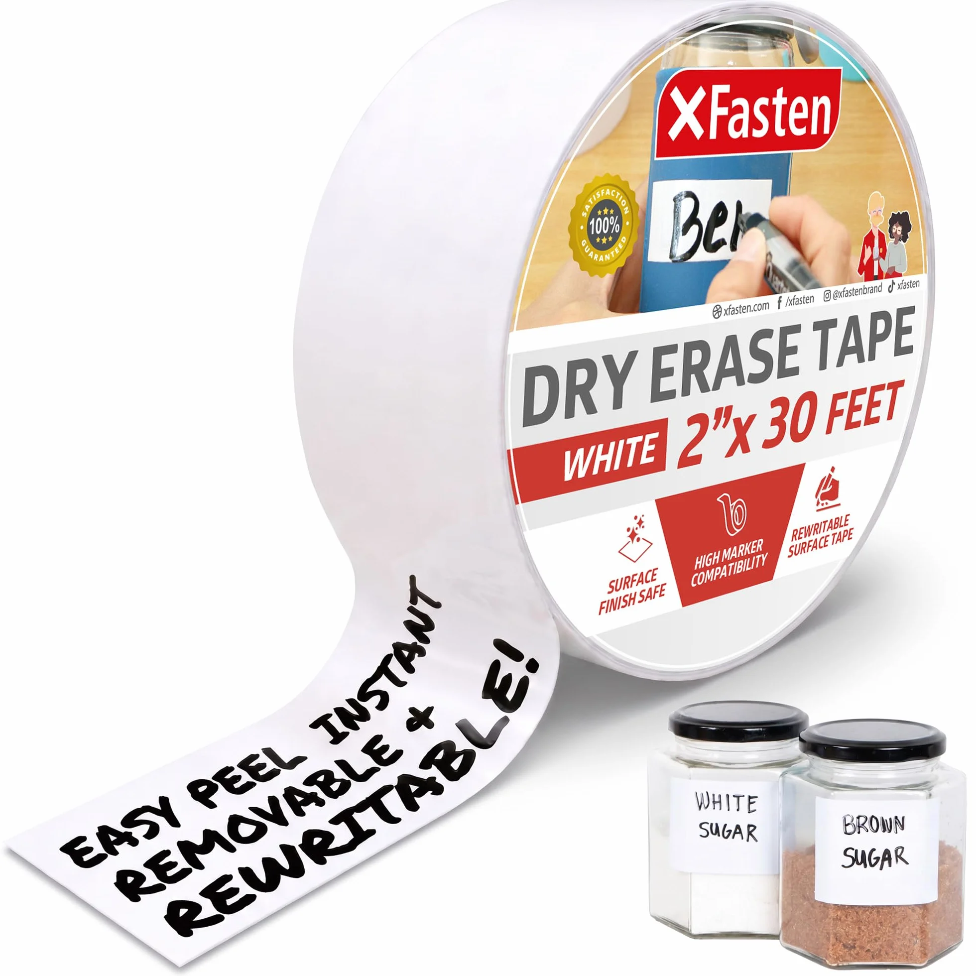 XFasten Ruban adhésif effaçable à sec tableau blanc 5,1 cm x 9,1 m blanc