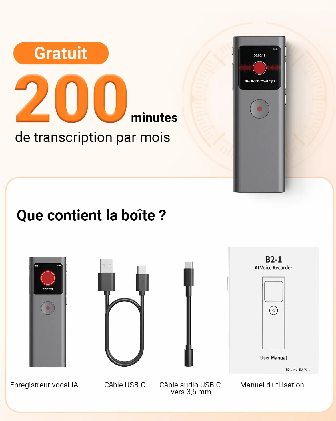 Enregistreur Vocal IA Dictaphone Numérique 64 Go Transcription Résumé 90+ Langues Enregistrement HD Réduction Bruit