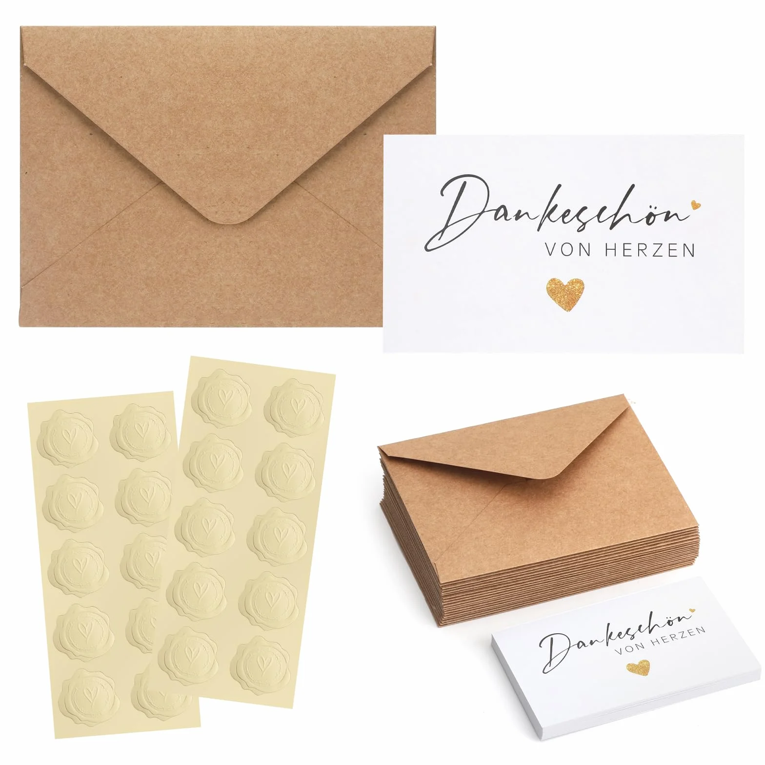 Lot de 20 petites cartes de remerciement avec enveloppes kraft et sceau doré 9 x 5,4 cm