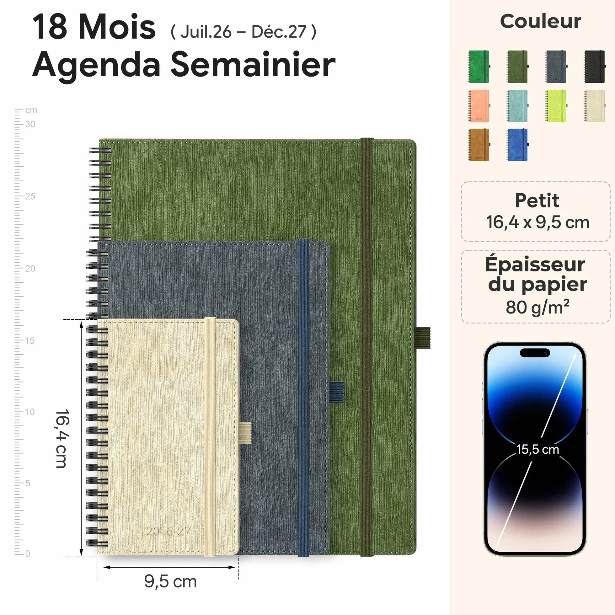 Agenda 2026-2027 Semainier de Poche A6 18 Mois Couverture Rigide PU Cuir Bleu
