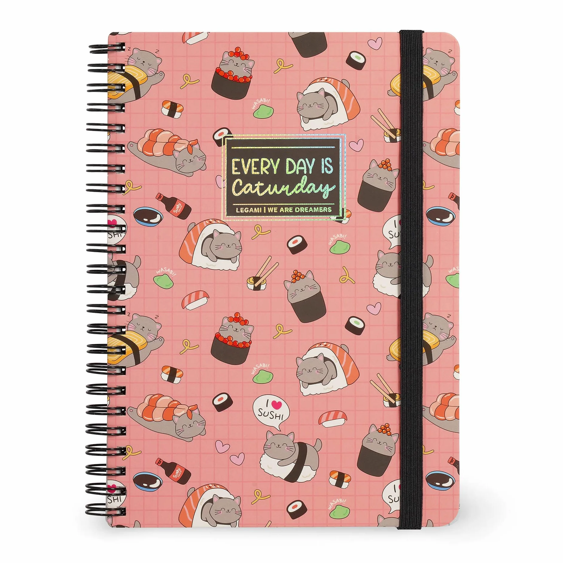 LEGAMI Cahier à spirales ligné 7 mm A4 Sushi Cat 160 pages Fermeture élastique 15 x 21 cm