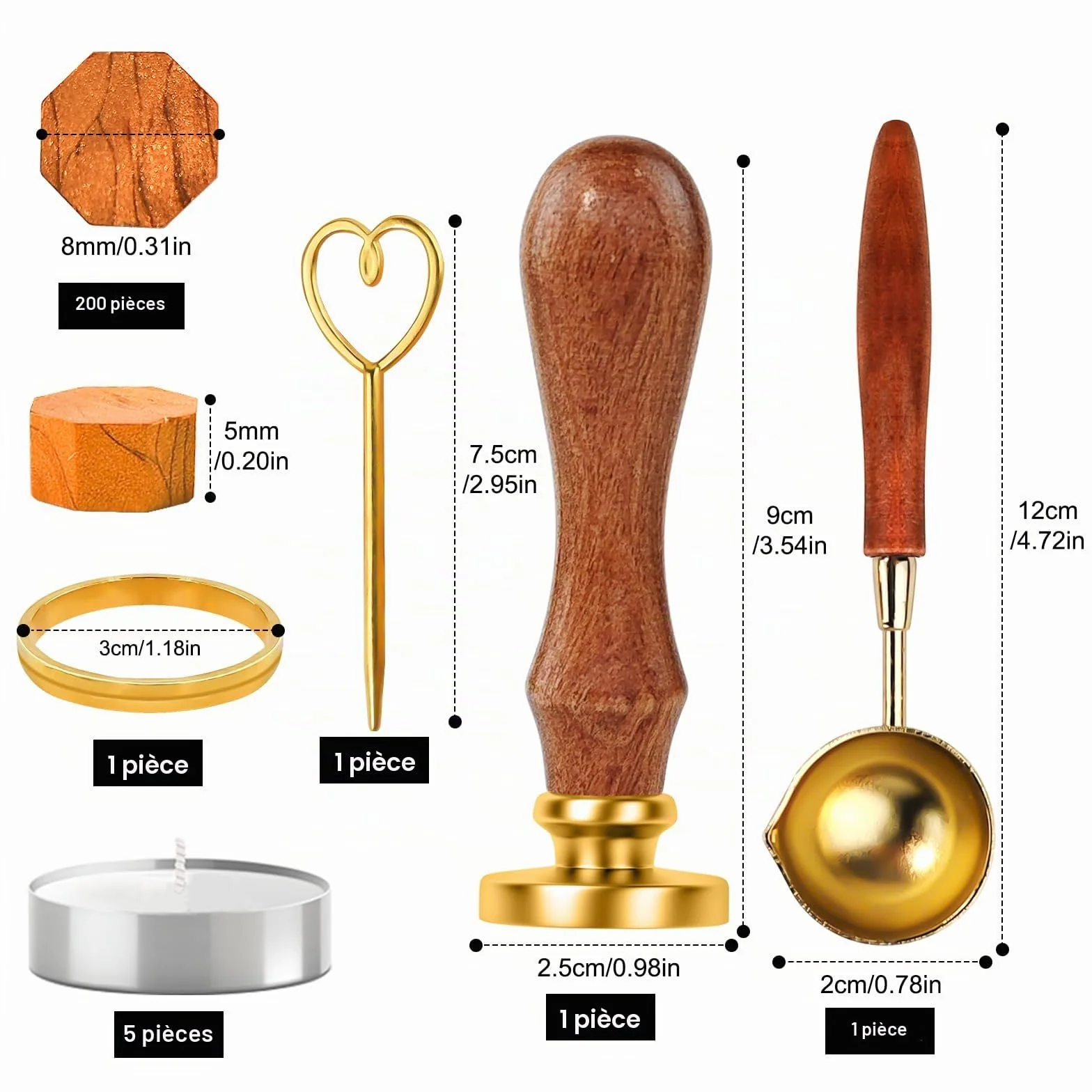 Lot de 200 perles de cire à cacheter or, joint octogonal, kit avec 5 bougies, cuillère et tampon