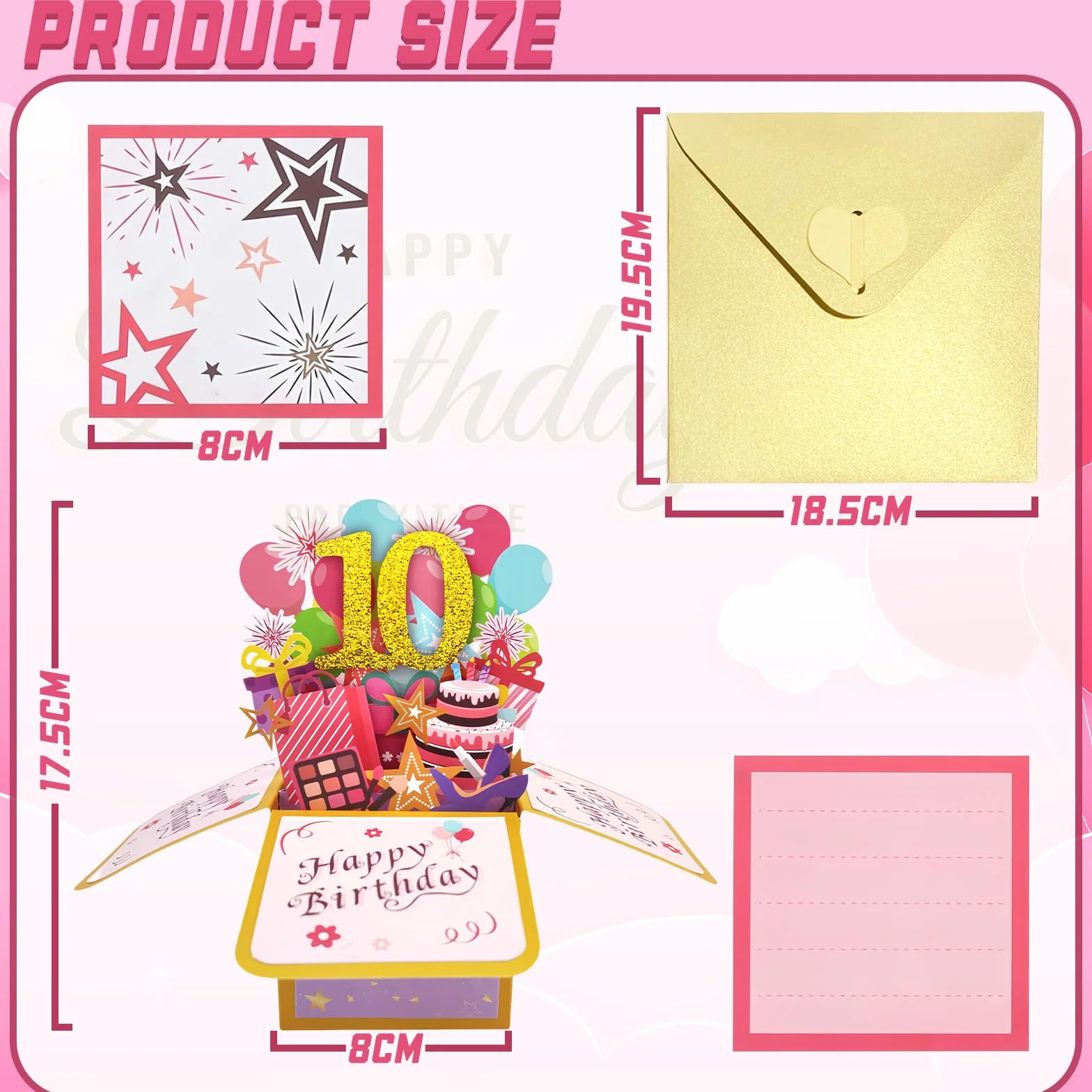 Carte Pop Up Anniversaire 10 Ans Or Rose 3D avec Enveloppe pour Fille