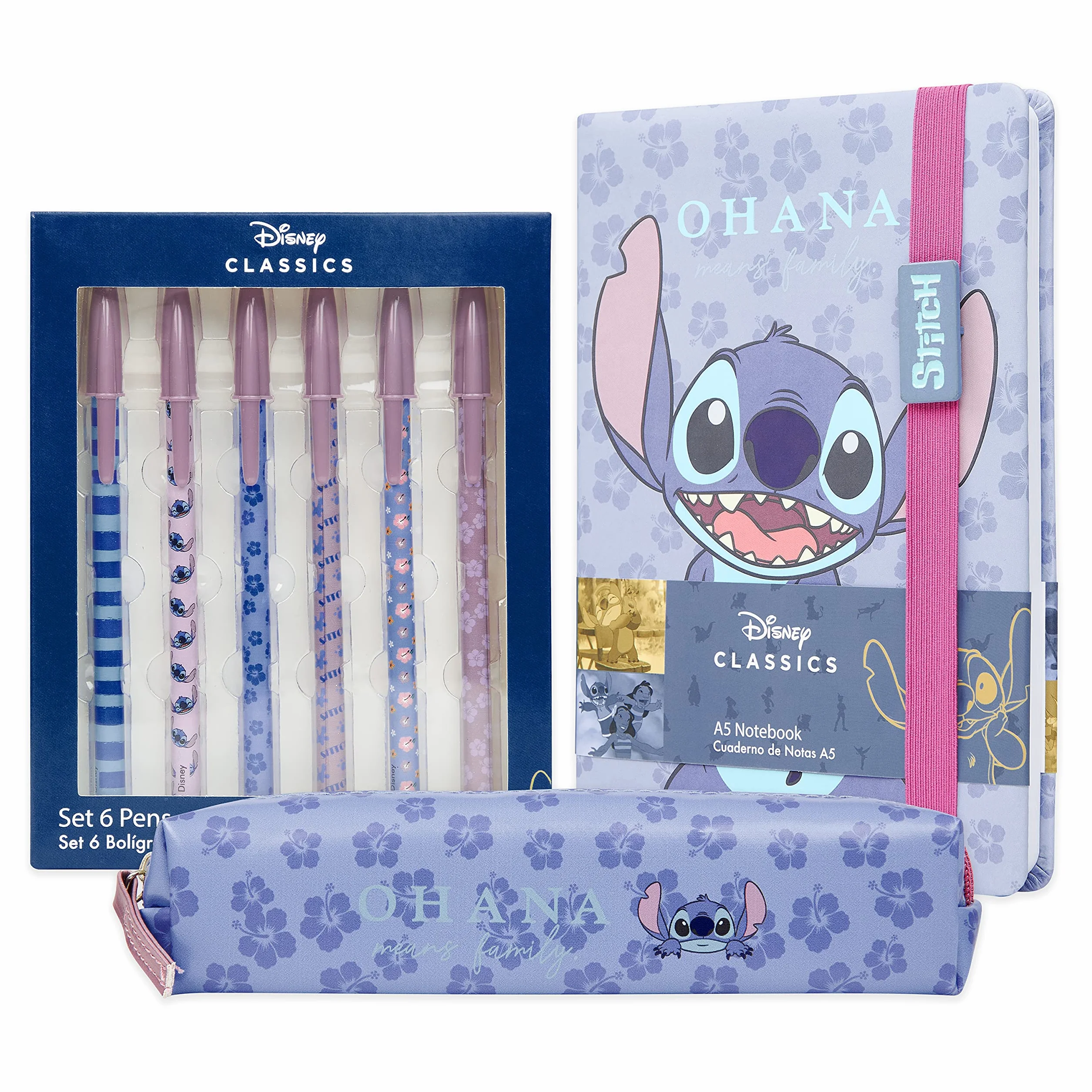 Disney Stitch Set de Fournitures Scolaires, Carnet Trousse Stylo Bille Crayons Couleur Bloc notes Accessoires Bureau École Bleu