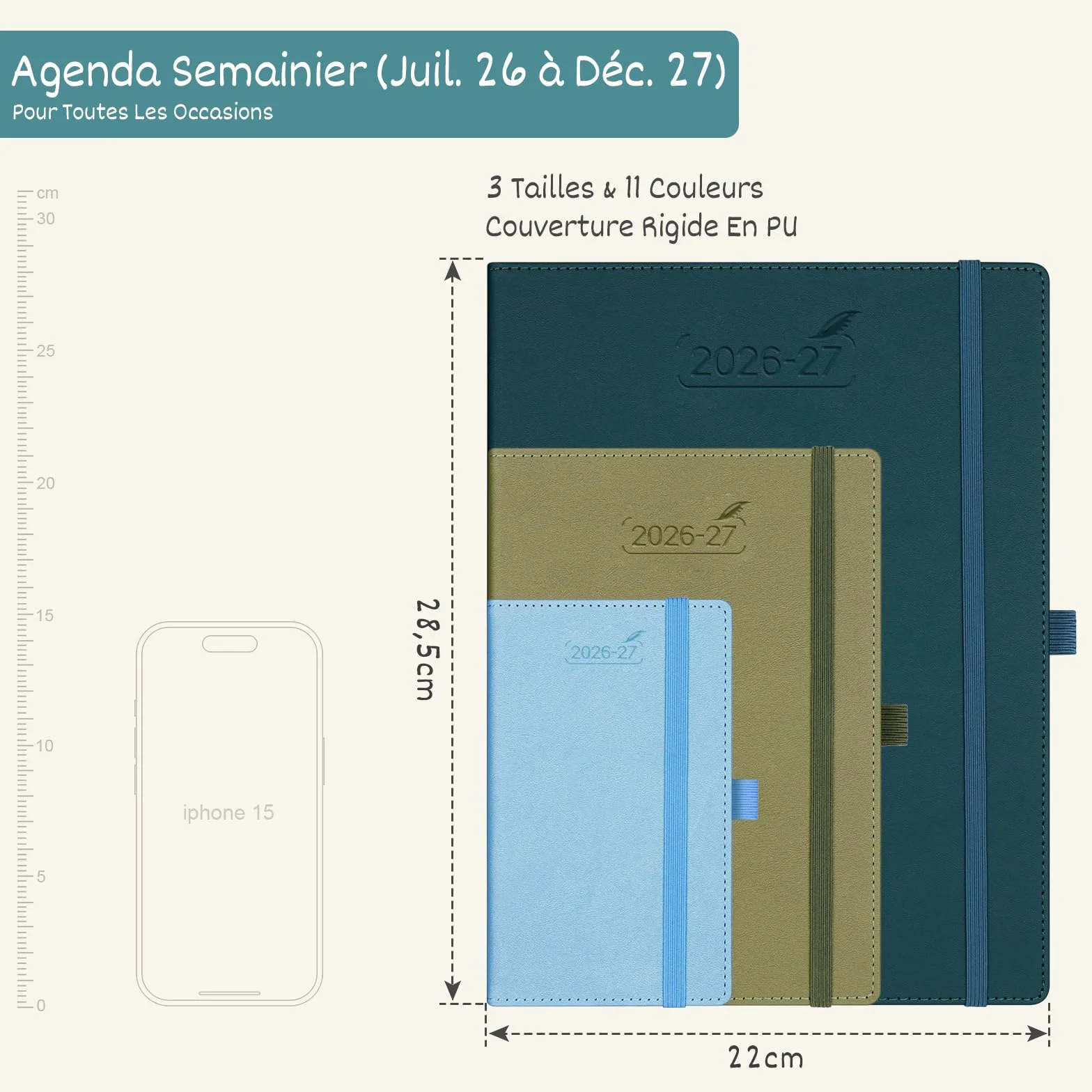 Agenda 2026 2027 A4 Semainier 18 Mois Juil. 2026 à Déc. 2027, Couverture Rigide Cuir PU Rouge