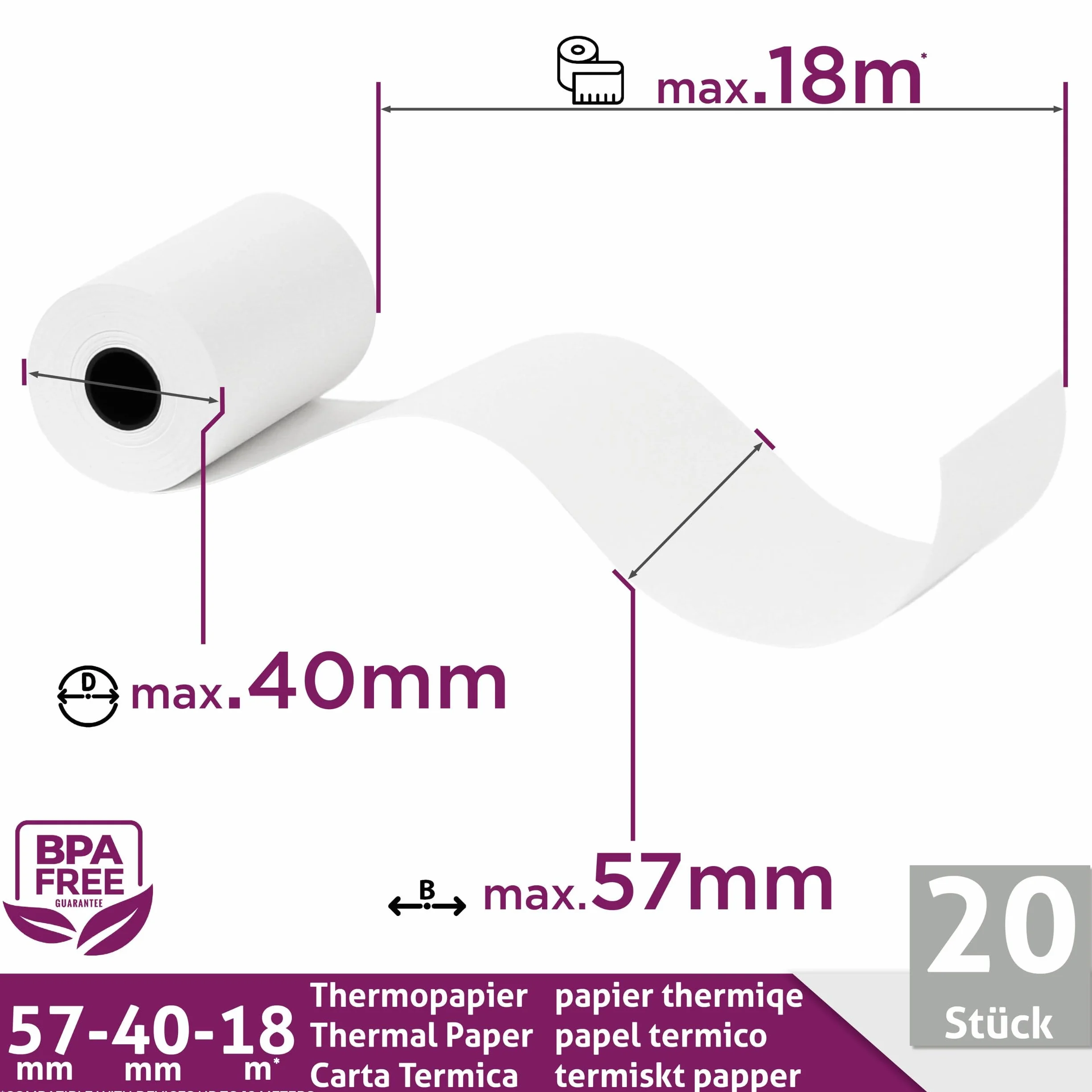 Rouleau TPE Carte Bancaire 57x40x12 Bobine papier thermique 57mm x 18m x 12mm sans BPA