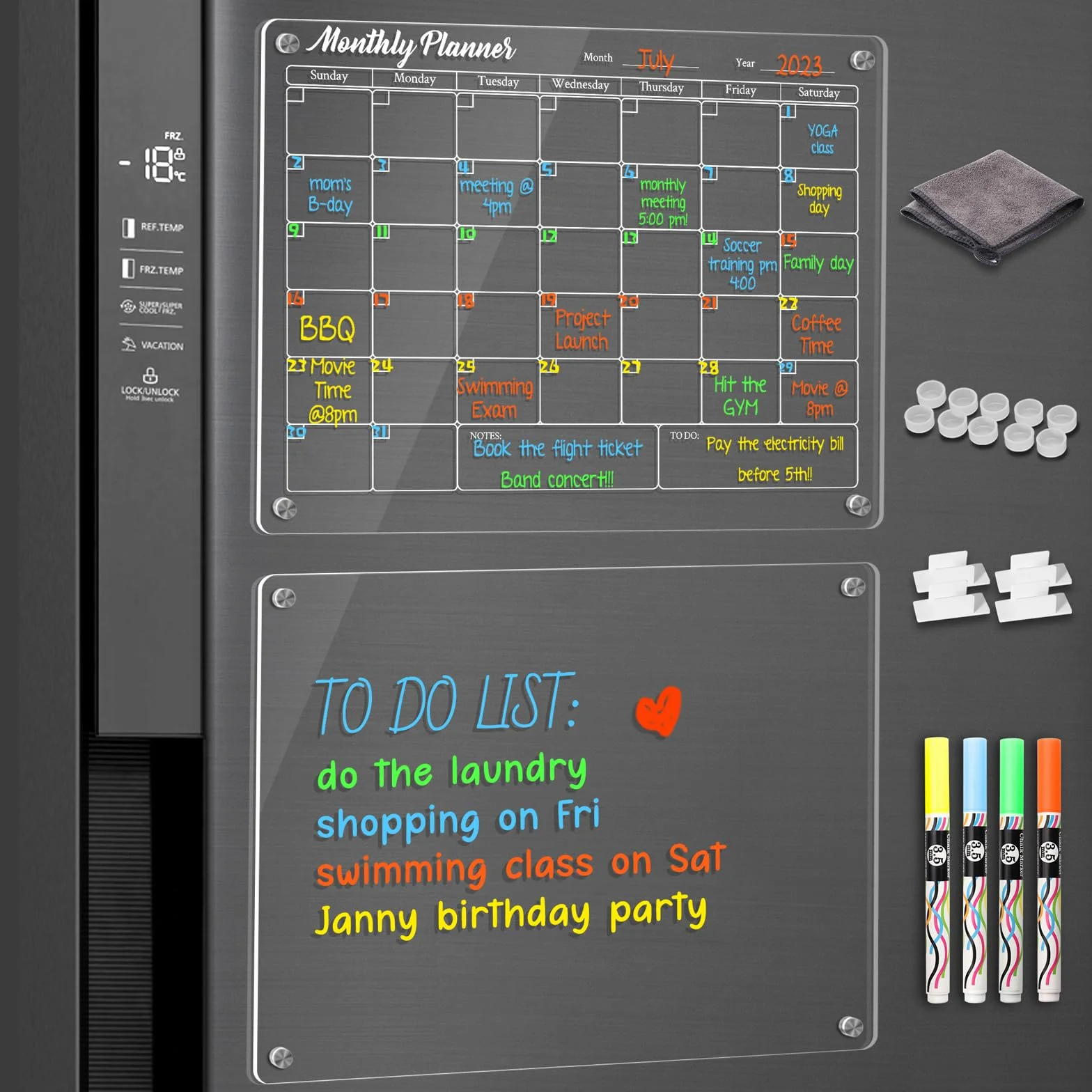 Calendrier Magnétique Frigo Lot de 2, 40x30cm Planificateur Mémo Tableau Acrylique Effaçable à Sec, 4 Marqueurs