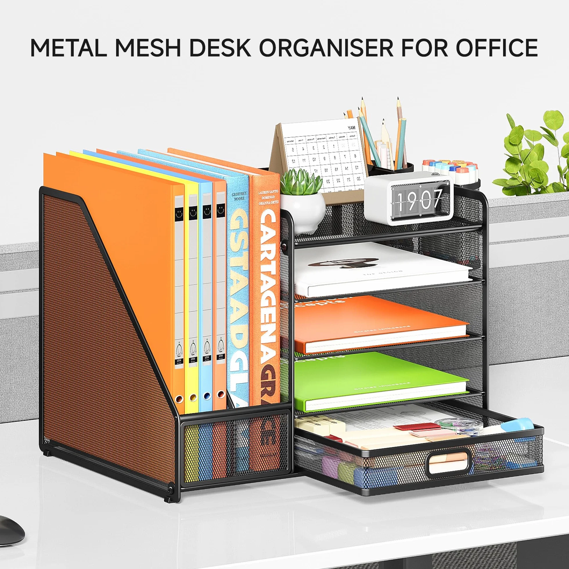 VITVITI Organisateur de Bureau 5 Niveaux avec Porte-Documents, Porte-Lettres, Tiroir, Porte-Stylos, Maille, Noir
