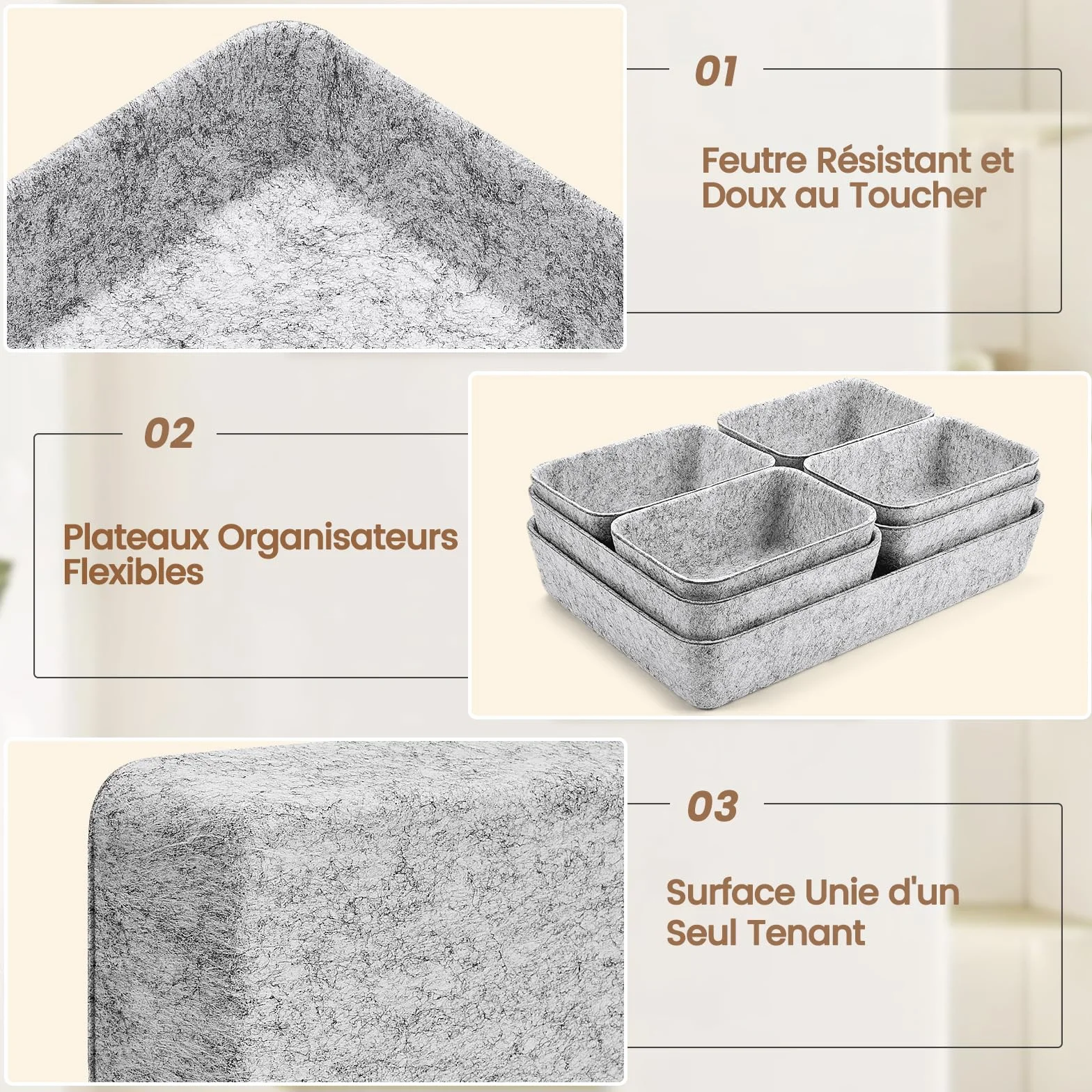 Eurhomewit Organisateur de Tiroir 14 Pièces en Feutre Gris - Boîtes de Rangement Empilables