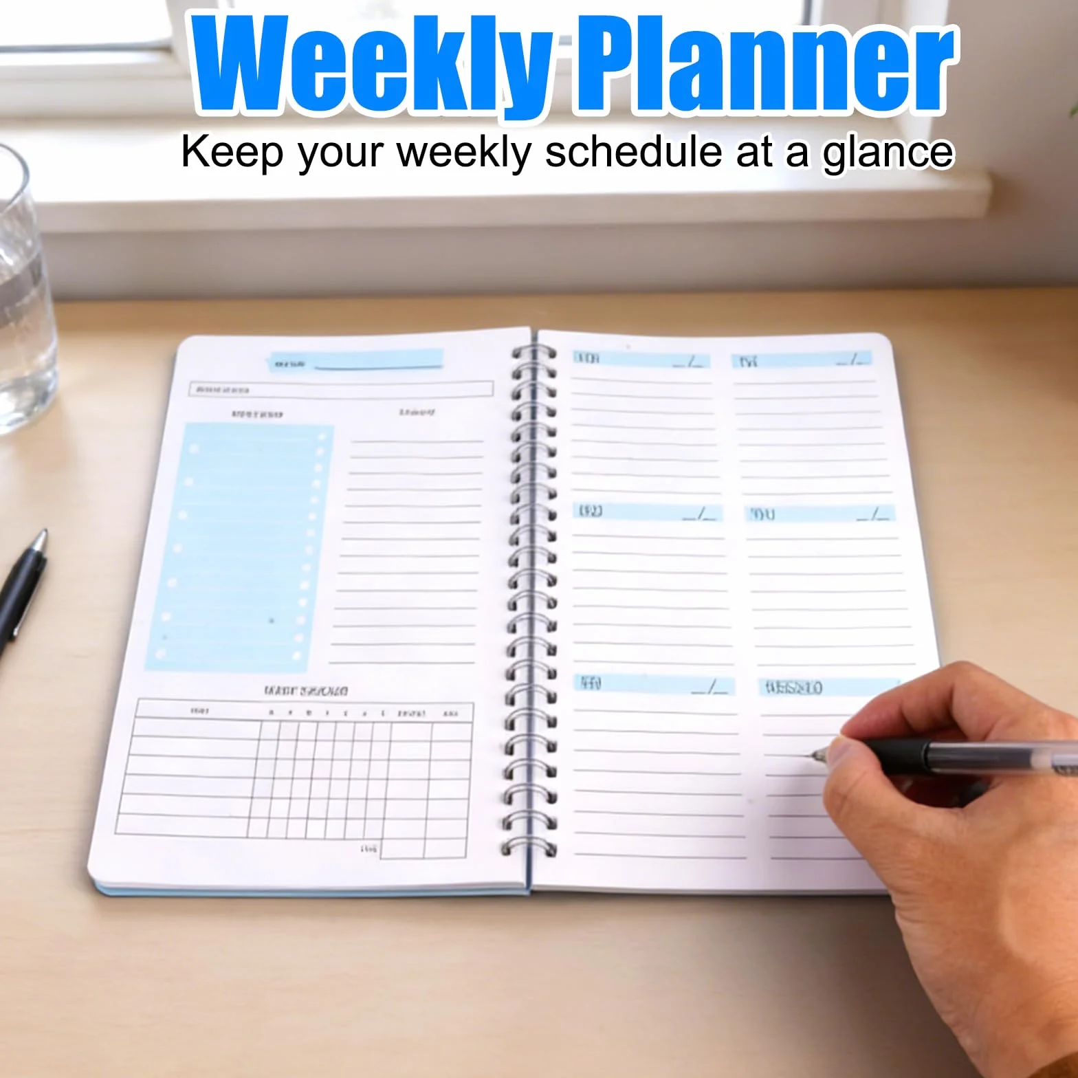 Agenda Hebdomadaire Non Daté 20,8x14,2 cm Semainier 2026 Spirale A5 Weekly Planner Couverture Imperméable Papier 100g/m² Bleu