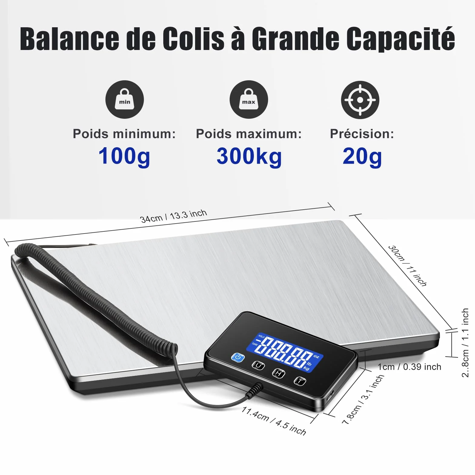 Balance Colis Numérique 300kg/20g avec Fonction Hold/Tare, Écran LCD Externe, Professionnelle pour Industrie et Entreprise