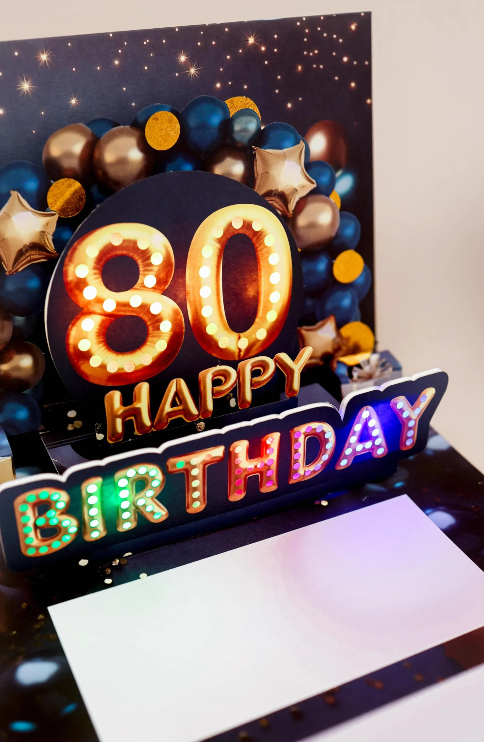 Carte anniversaire 80 ans avec musique et lumière – Carte pop up 3D pour homme, 20 x 15 cm, enveloppe et autocollant