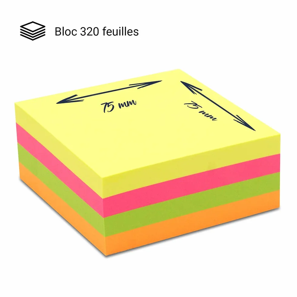Bloc note repositionnable 4 couleurs neon 320 feuilles 75x75mm