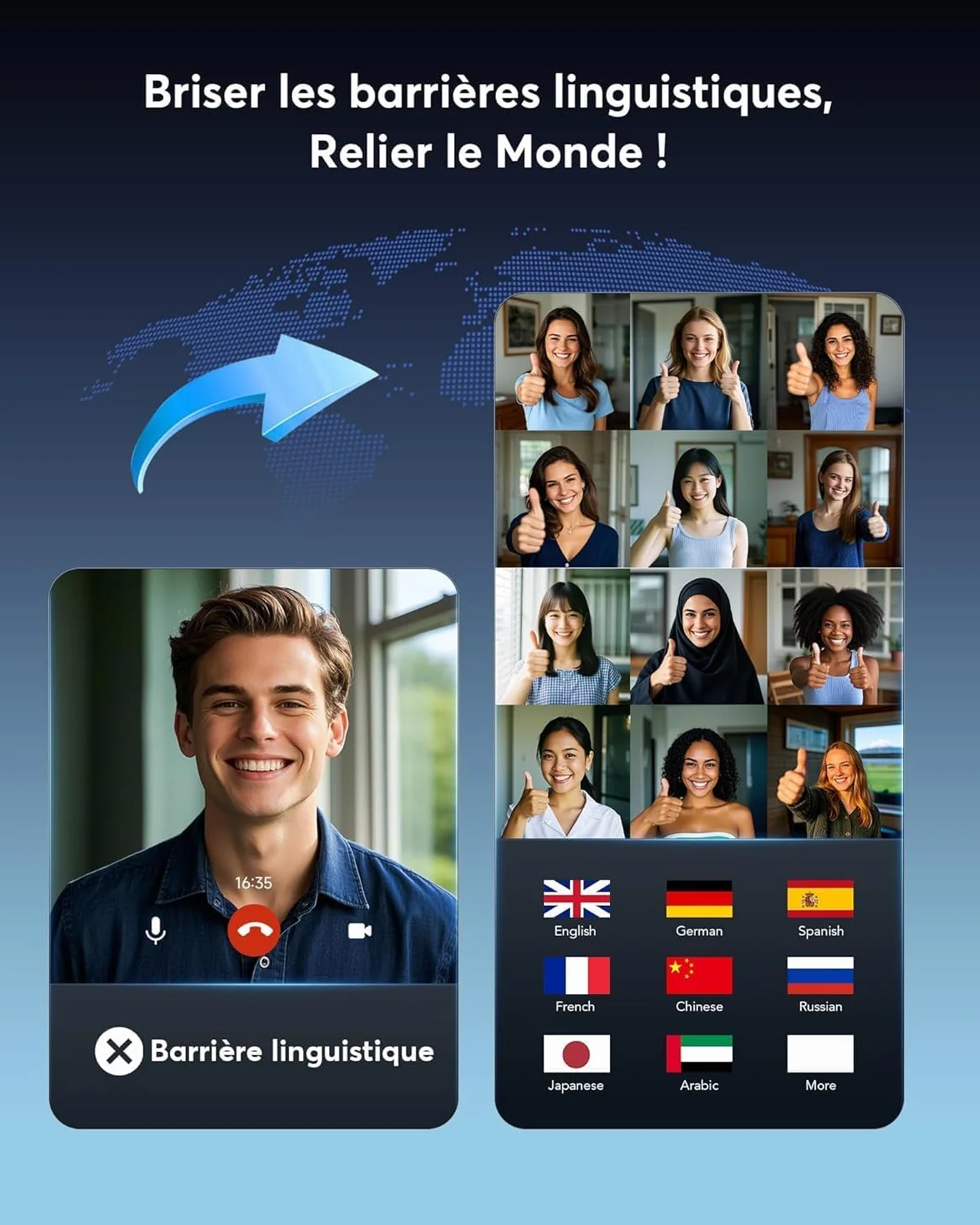 Oreillette de Traduction Instantanée 3 en 1, Bluetooth 6.1, 198 Langues, 80 Heures Autonomie
