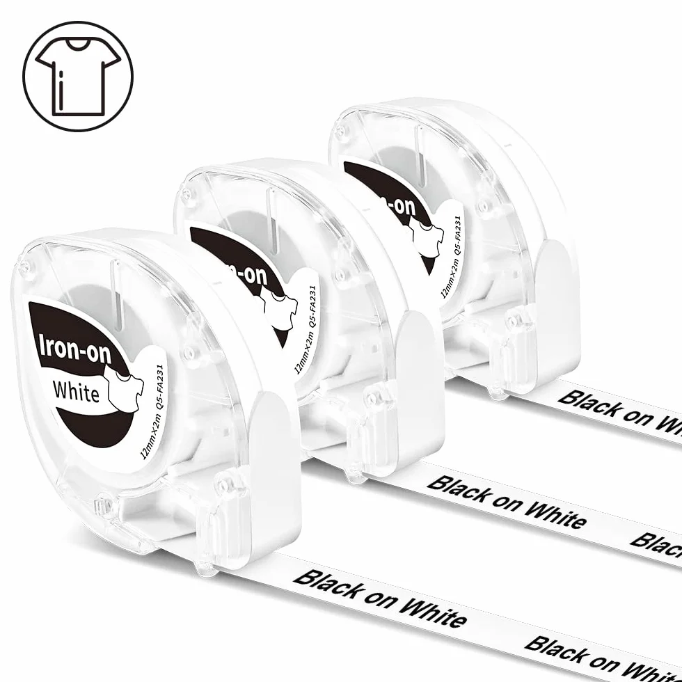 Phomemo P12 Étiquette Thermocollante Vetement 12mm x 2m Noir sur Blanc Compatible Dymo LetraTag LT-100H LT-100T