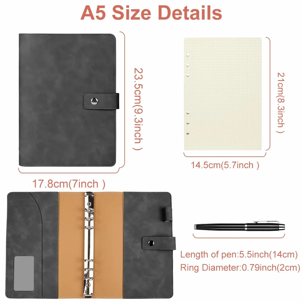 Carnet de Notes A5 200 Pages PU Cuir Rechargeable avec Grille à Points Gris