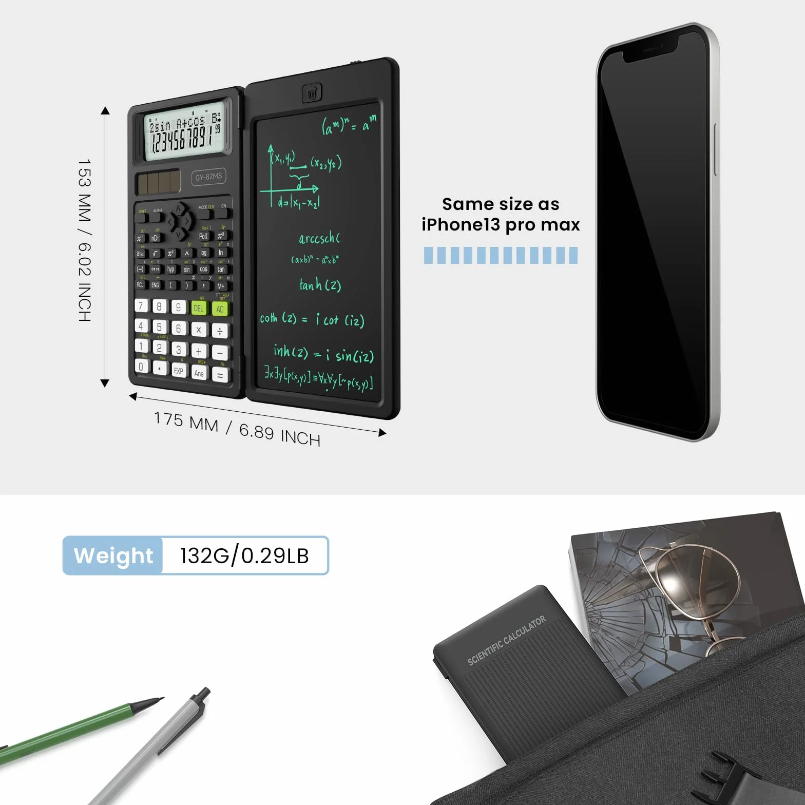 Calculatrice Scientifique ROATEE 82MS Plus Double Alimentation Solaire Pile LCD Réinscriptible Noir Clair
