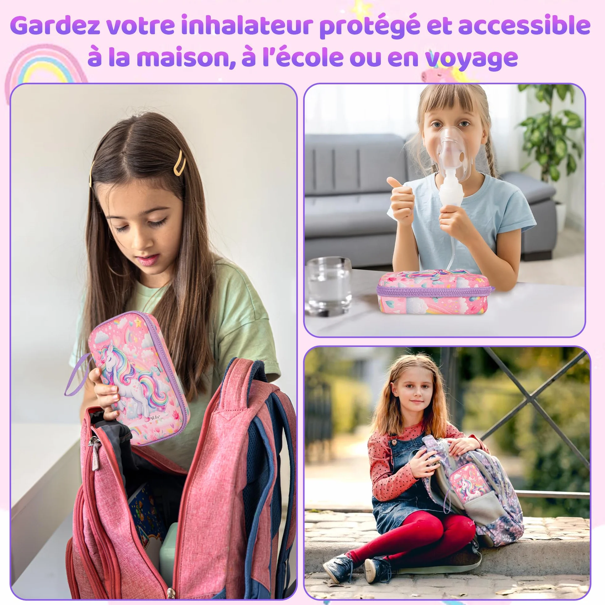 Étui Inhalateur Enfant EVA Chambre d’Inhalation Spacer Nébuliseur Portable Trousse PAI École Motif Licorne