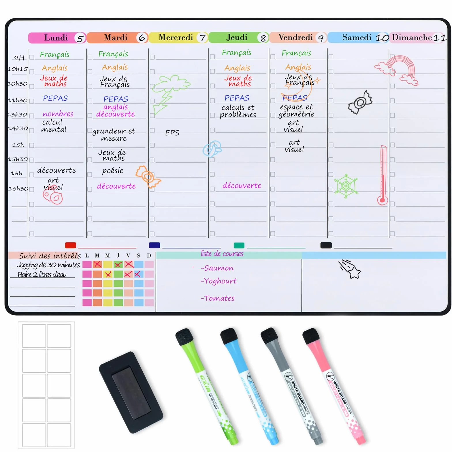 POPRUN Tableau Blanc Effaçable Magnétique 42×28 cm, Calendrier Frigo Planning Semaine Organisateur Hebdomadaire