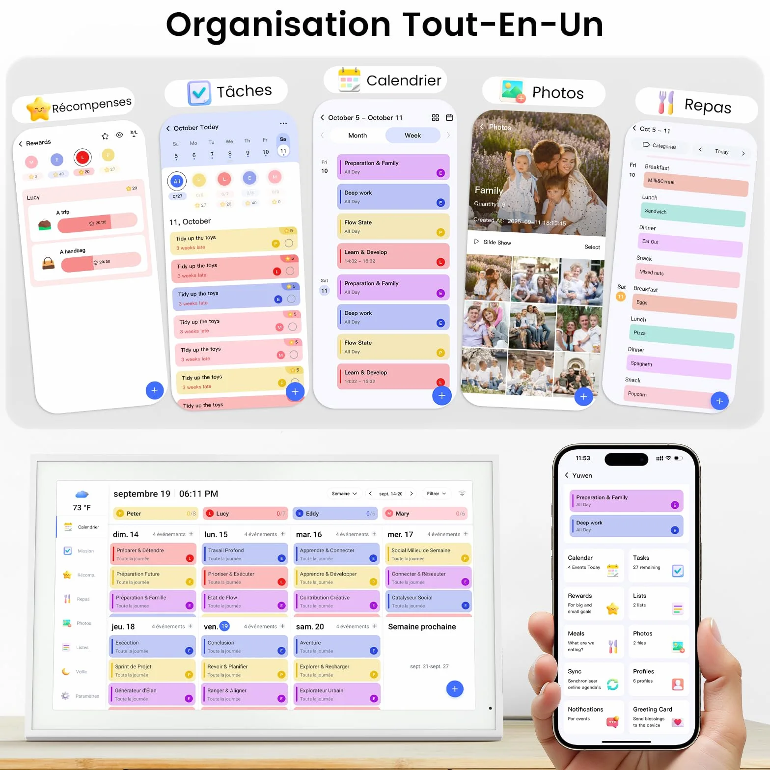 NEWYES Calendrier Numérique Mural 15 Pouces 2026 Semainier Sync Wi-Fi Tableau Récompense Enfant Cadre Photo Numérique Écran Tactile Intelligent