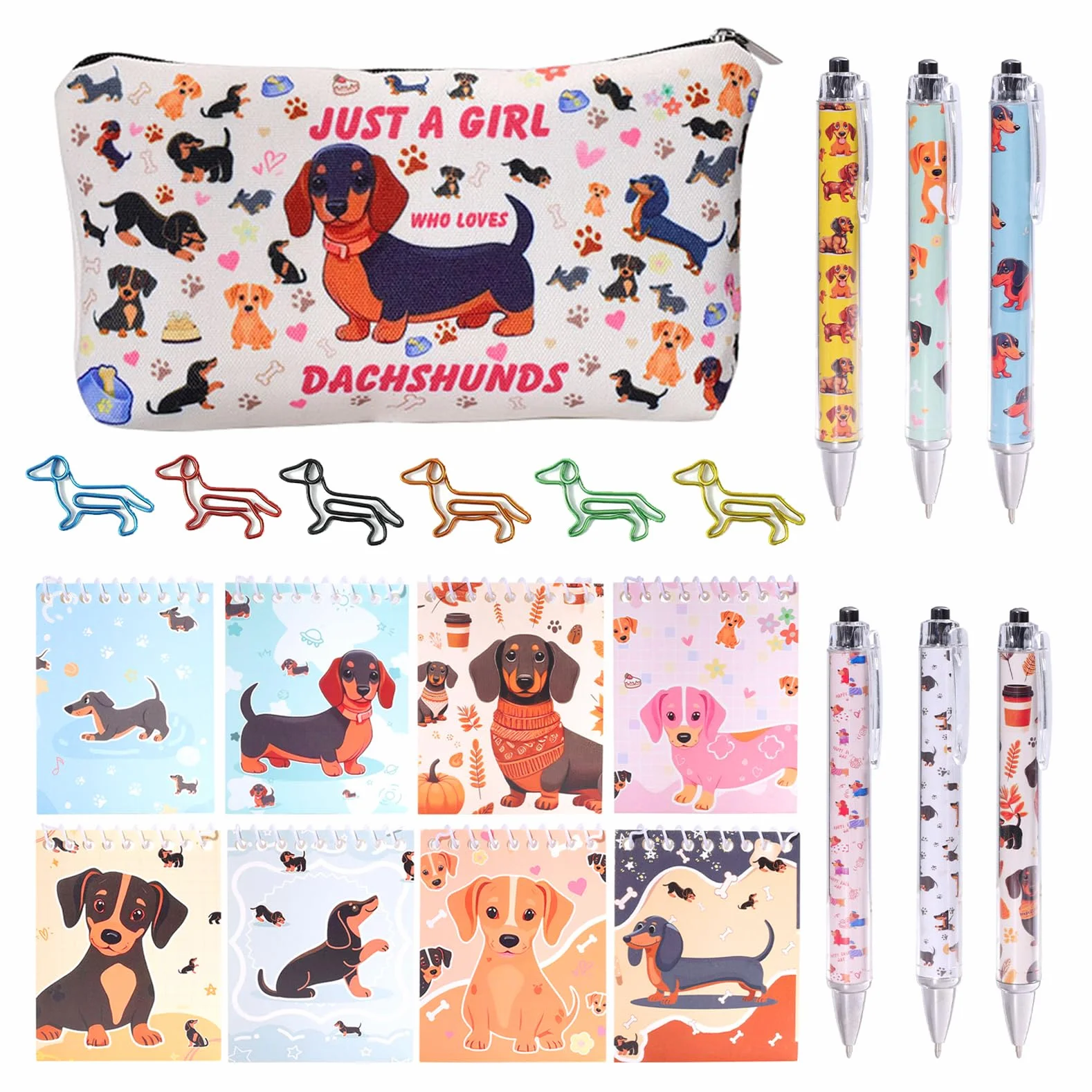 Set de cadeaux teckel - Accessoires scolaires - Stylos décoratifs - Trousse à crayons - Carnet de notes
