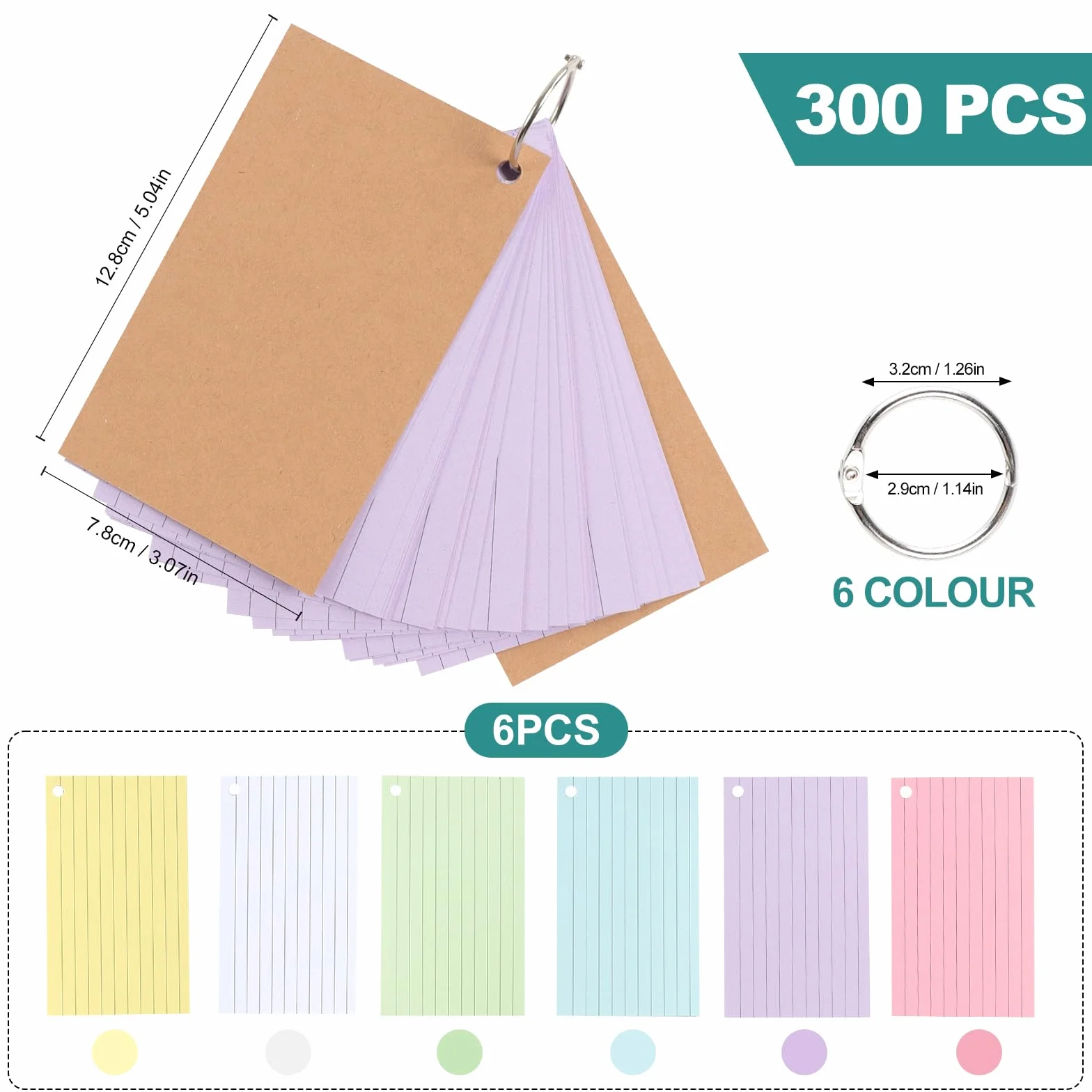 300 pièces Fiches de Révision, Flash Cards avec Anneaux de Reliure, Couverture Kraft, 12,8x7,8cm pour Étudiant