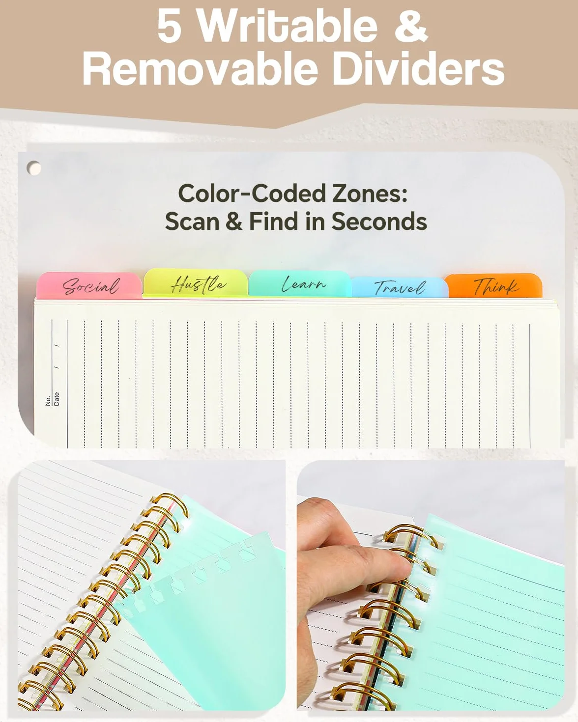 Carnet A5 avec Intercalaires Papier 100GSM Anti-Déversement 300 Pages Couverture Rigide PVC Spirale