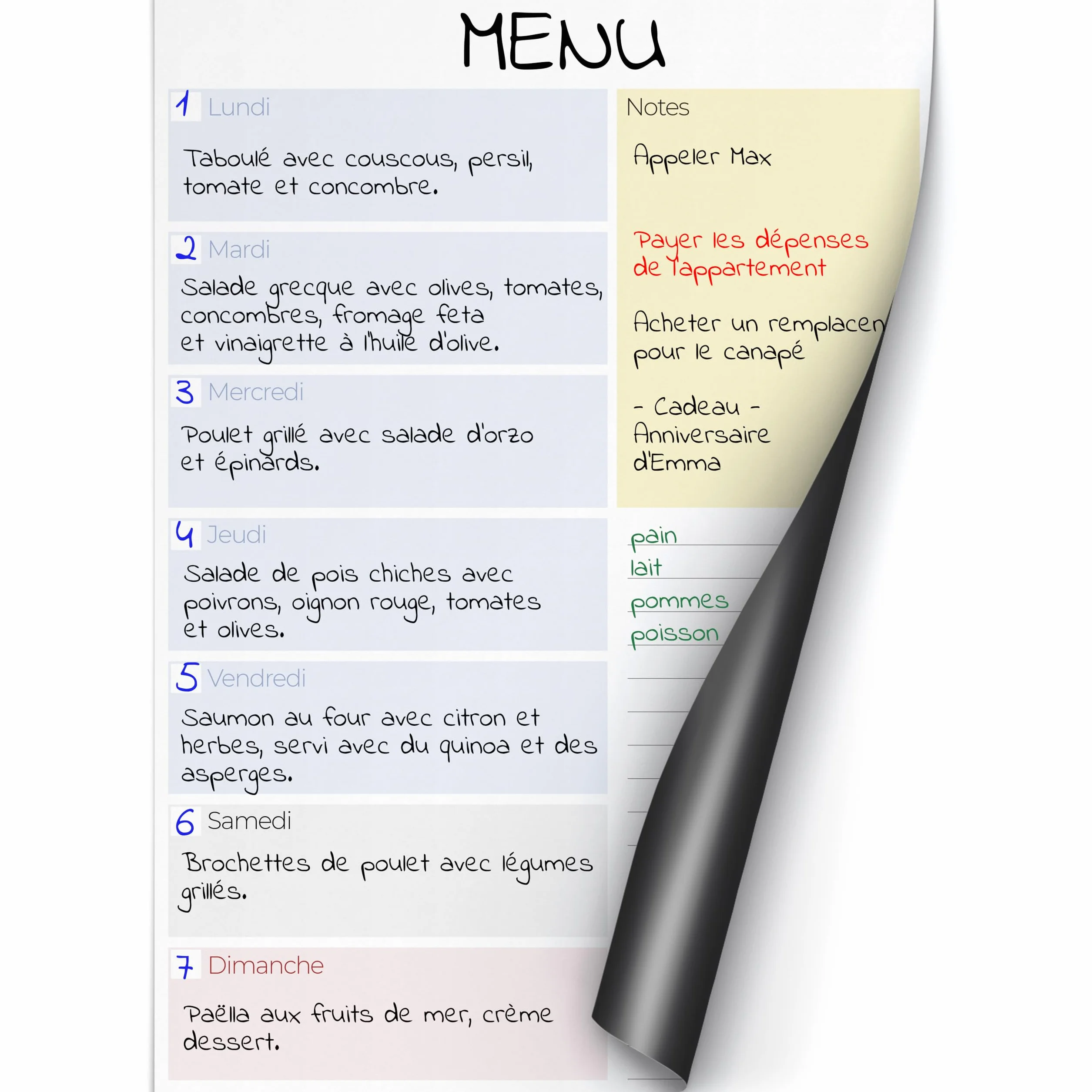 Tableau Magnétique Hebdomadaire A4 Coloré Planificateur Organiseur Vie Repas Activités