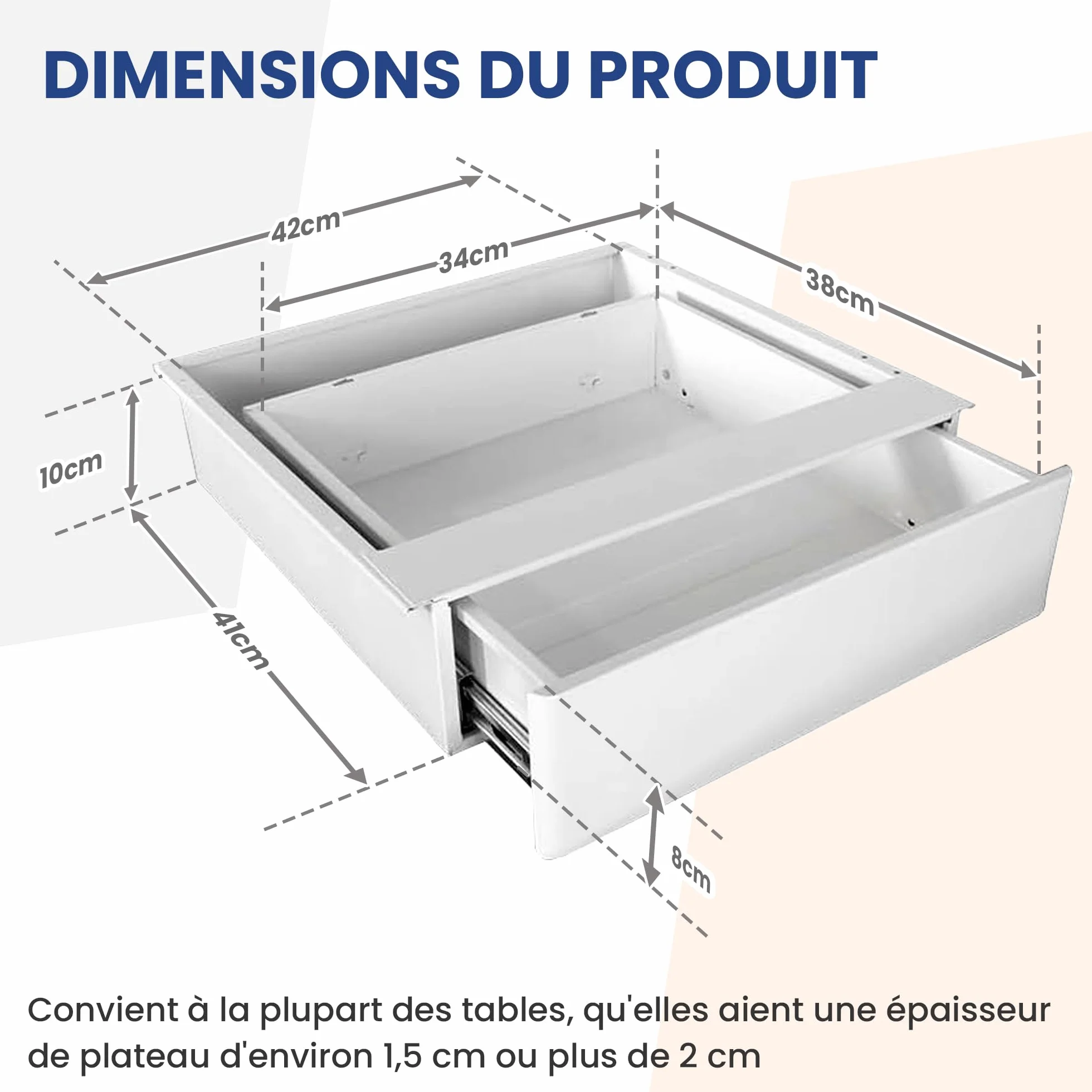 IVOL Tiroir de Bureau Blanc 42 x 41 x 10 cm - Sous Bureau en Métal - Extensible
