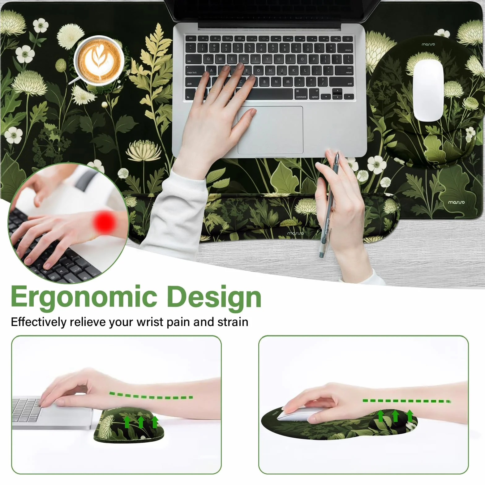 MOSISO Set Repose-poignet et Tapis de Souris Chrysanthème Sauvage Grand Format Ergonomique Antidérapant Mousse Mémoire Noir
