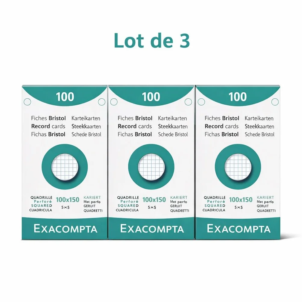 Exacompta Pack Classeur 3 Étuis 100 Fiches Bristol Quadrillées 5x5 Perforées 100 x 150 mm Compatible Imprimante Jet d'Encre Laser Photocopieur Blanc