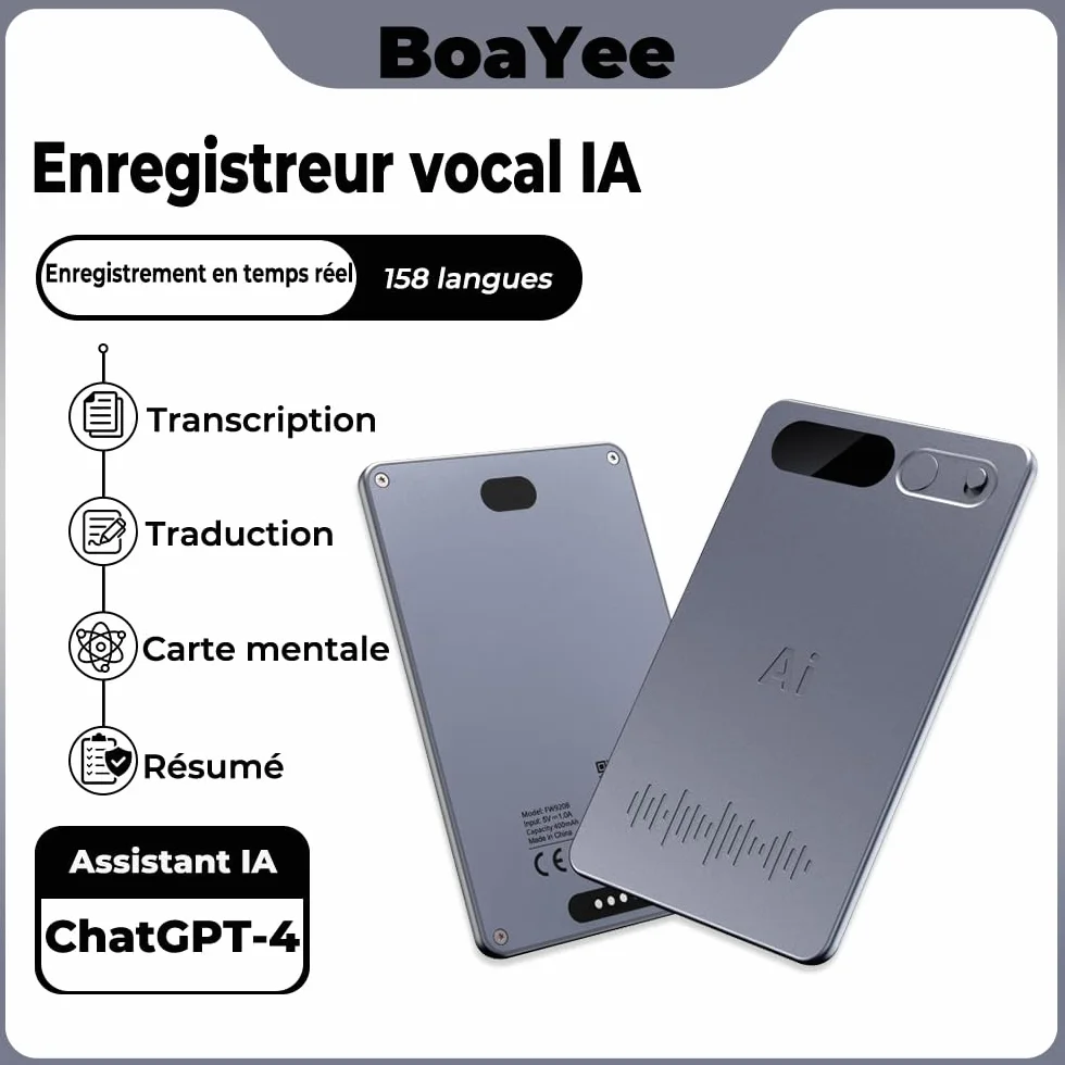 Micro Espion Enregistreur Vocal IA Dictaphone Numérique 35 Heures Transcription Résumé Conférences Réunions Appels Étui Inclus